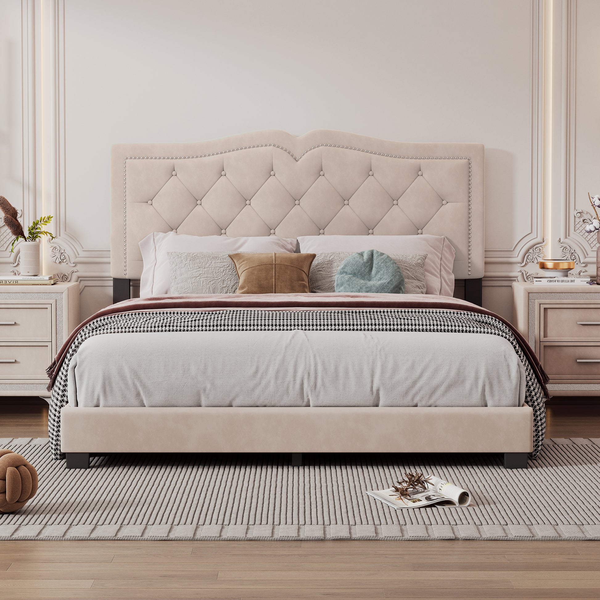 Queen Size Upholstered Bed Frame With Rivet Design, Modern Velvet Platform Bed With Tufted Headboard,Beige Beige Velvet