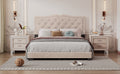 Queen Size Upholstered Bed Frame With Rivet Design, Modern Velvet Platform Bed With Tufted Headboard,Beige Beige Velvet