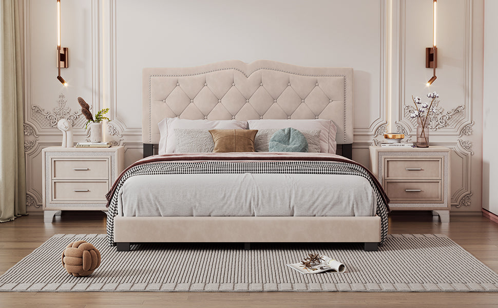 Queen Size Upholstered Bed Frame With Rivet Design, Modern Velvet Platform Bed With Tufted Headboard,Beige Beige Velvet