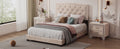 Full Size Upholstered Bed Frame With Rivet Design, Modern Velvet Platform Bed With Tufted Headboard,Beige Beige Velvet