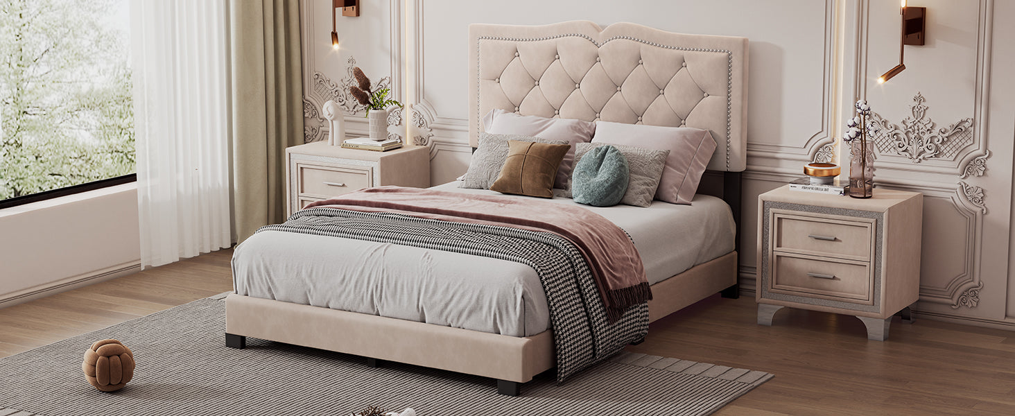 Full Size Upholstered Bed Frame With Rivet Design, Modern Velvet Platform Bed With Tufted Headboard,Beige Beige Velvet