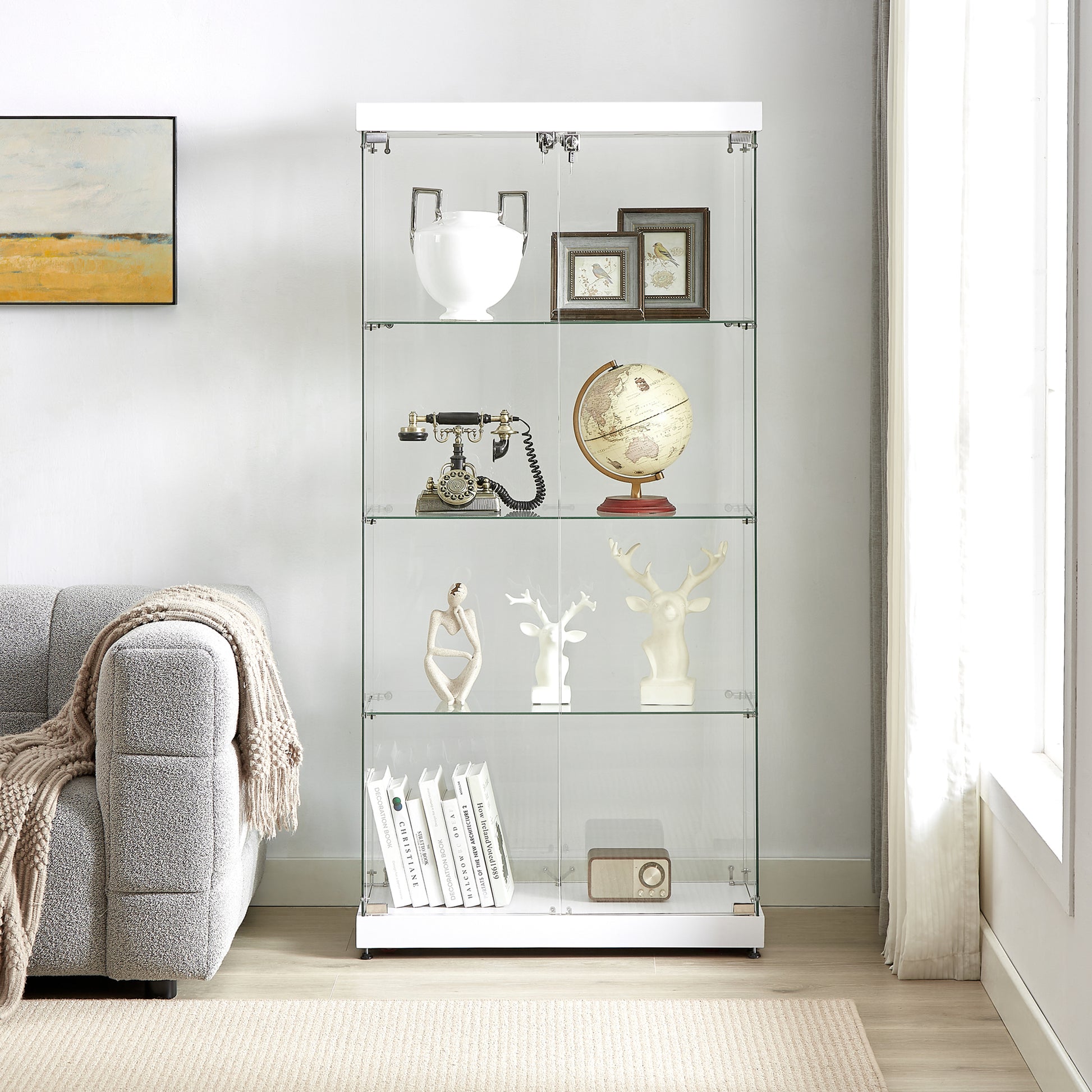 4 Tier Glass Display Cabinet, Double Door Glass Cabinet, Four Partitions, Two Locks, Floor Standing Storage Cabinet For Living Room, Bedroom, Showroom And Office, White, 31.5"L X 14.2"W X 66.3"H White Glass