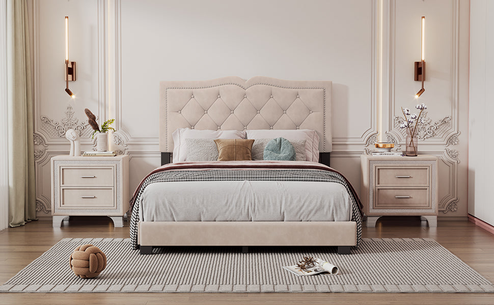 Full Size Upholstered Bed Frame With Rivet Design, Modern Velvet Platform Bed With Tufted Headboard,Beige Beige Velvet