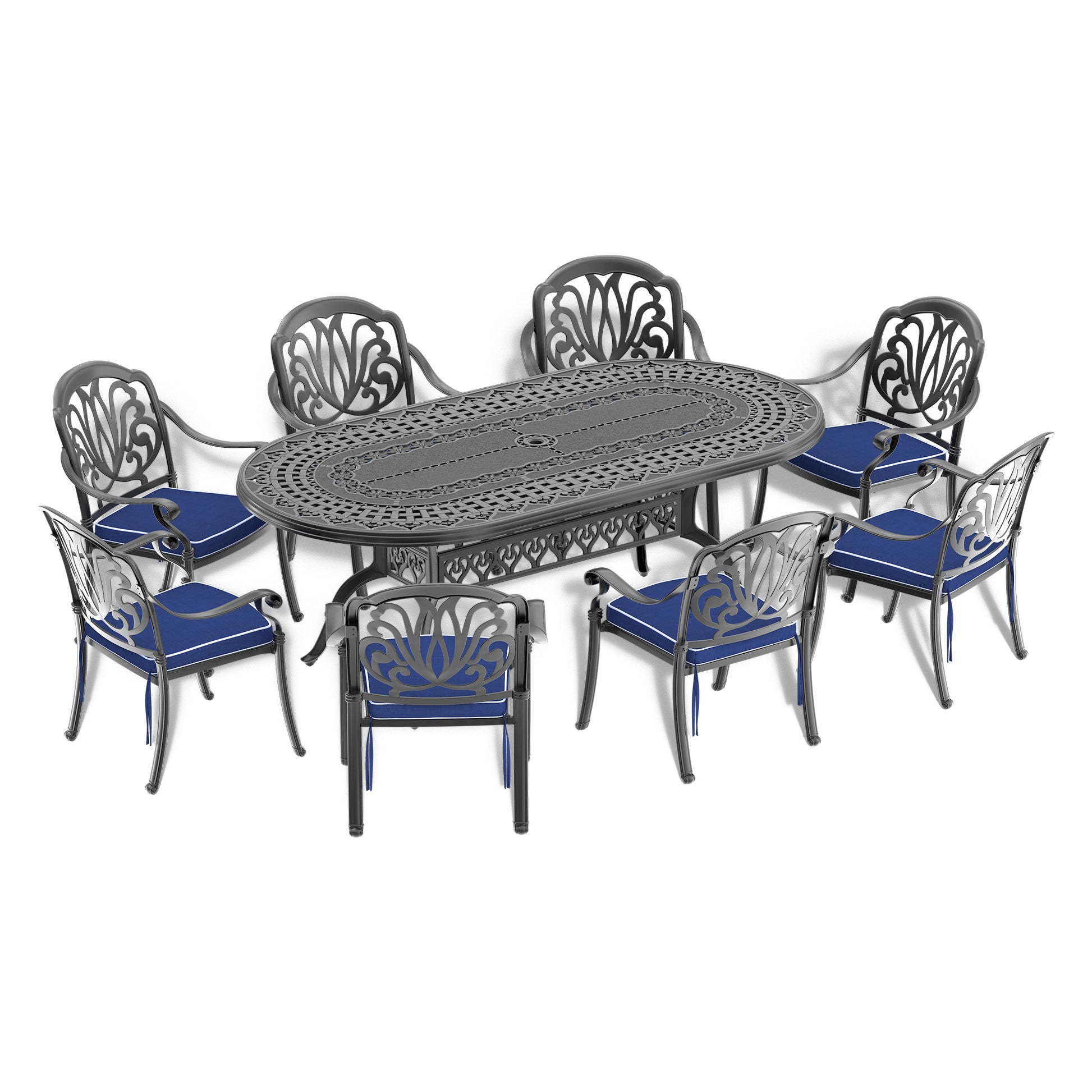 Cushions In Random Colors 9 Piece Set Of Cast Aluminum Patio Furniture With Cushions Yes Dining Set Black Seats 8 Rust Resistant Frame Water Resistant Cushion Garden & Outdoor Complete Patio Sets Aluminium