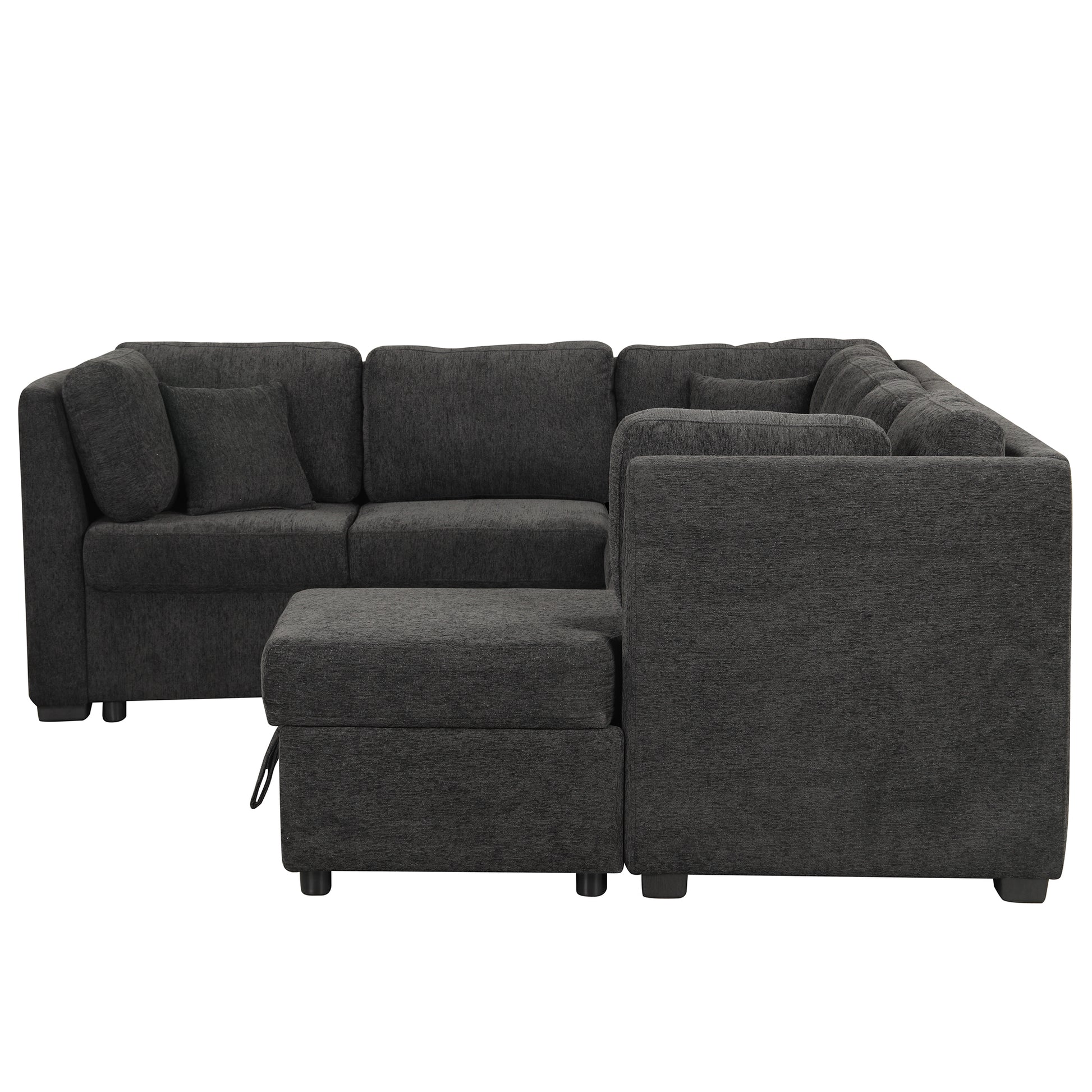 108.6" U Shaped Sectional Sofa Pull Out Sofa Bed With Two Usb Ports, Two Power Sockets, Three Back Pillows And A Storage Chaise For Living Room, Black Black Foam Chenille 5 Seat