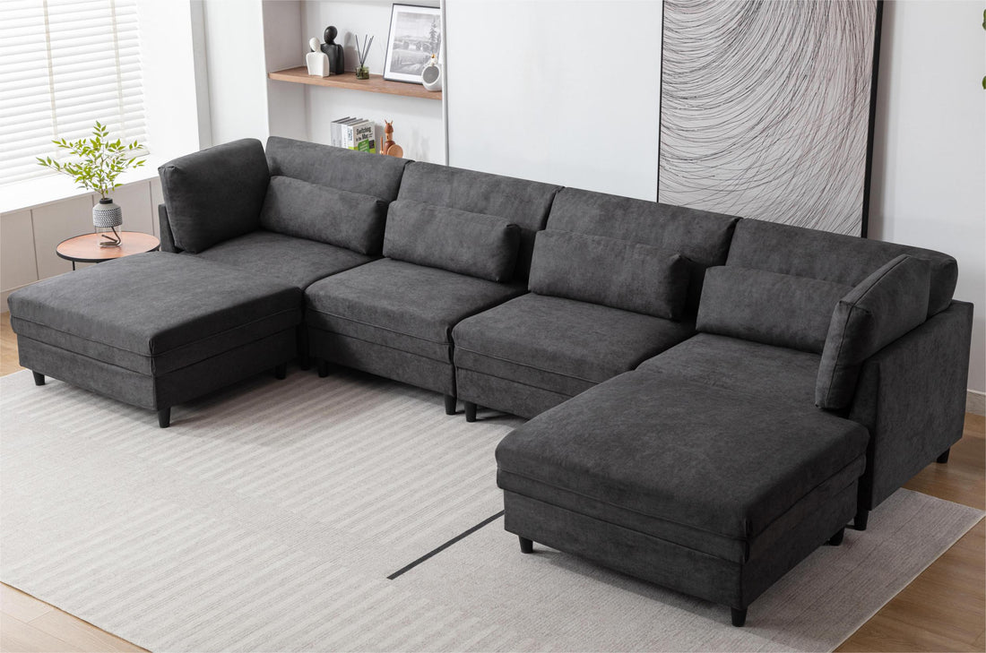 Oversized Modular Sectional Fabric Sofa Set With 6Pcs Pillows, Extra Large U Shaped Couch With Reversible Chaise, 145 Inch Long, 6 Seat Modular Sofa With Ottamans Dark Gray Light Brown Polyester Wood Primary Living Space Medium Soft Cushion Back Modern