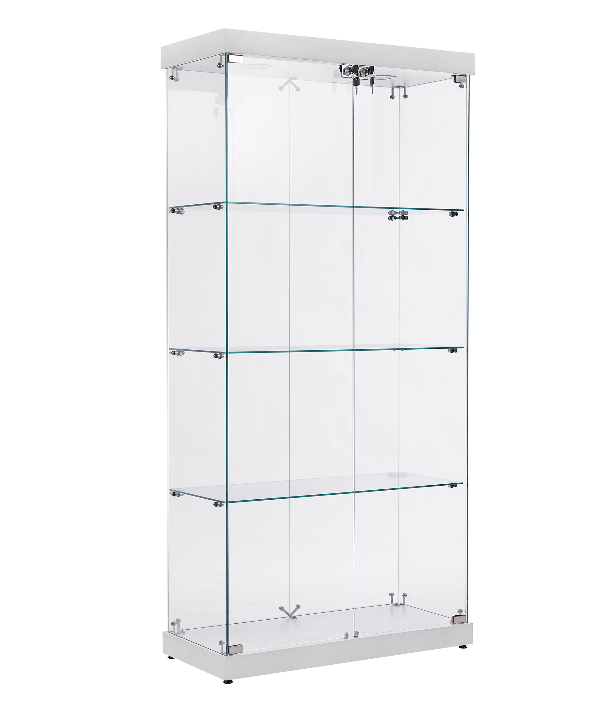 4 Tier Glass Display Cabinet, Double Door Glass Cabinet, Four Partitions, Two Locks, Floor Standing Storage Cabinet For Living Room, Bedroom, Showroom And Office, White, 31.5"L X 14.2"W X 66.3"H White Glass