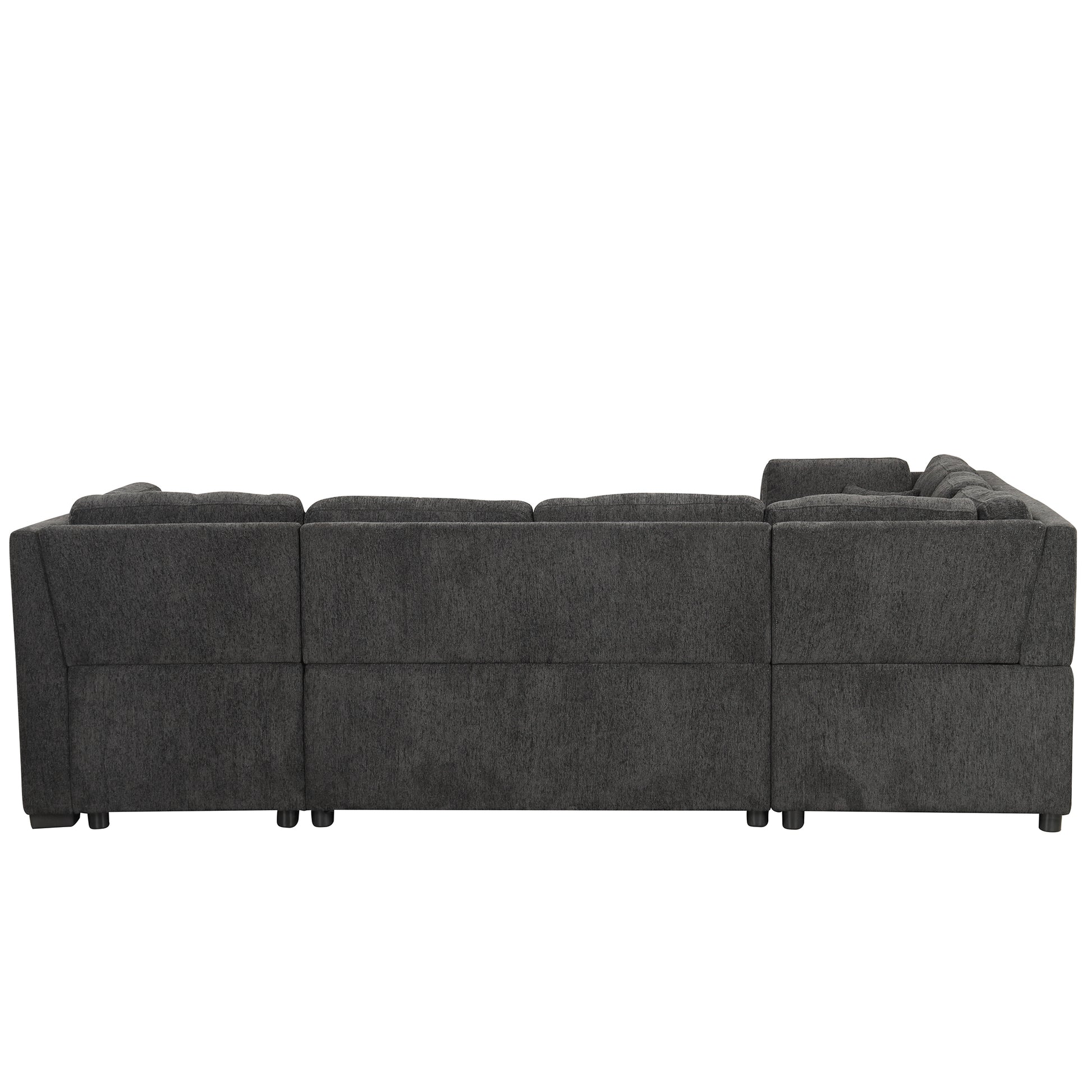 108.6" U Shaped Sectional Sofa Pull Out Sofa Bed With Two Usb Ports, Two Power Sockets, Three Back Pillows And A Storage Chaise For Living Room, Black Black Foam Chenille 5 Seat