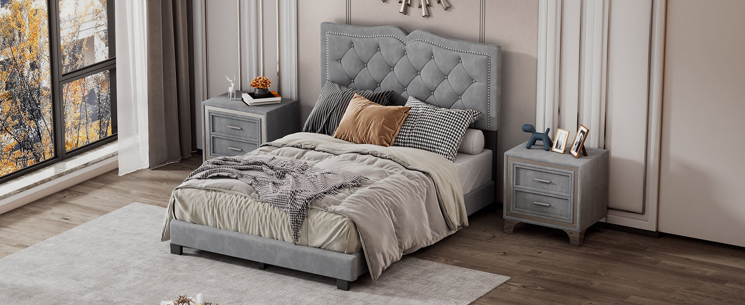 Full Size Upholstered Bed Frame With Rivet Design, Modern Velvet Platform Bed With Tufted Headboard,Gray Gray Velvet