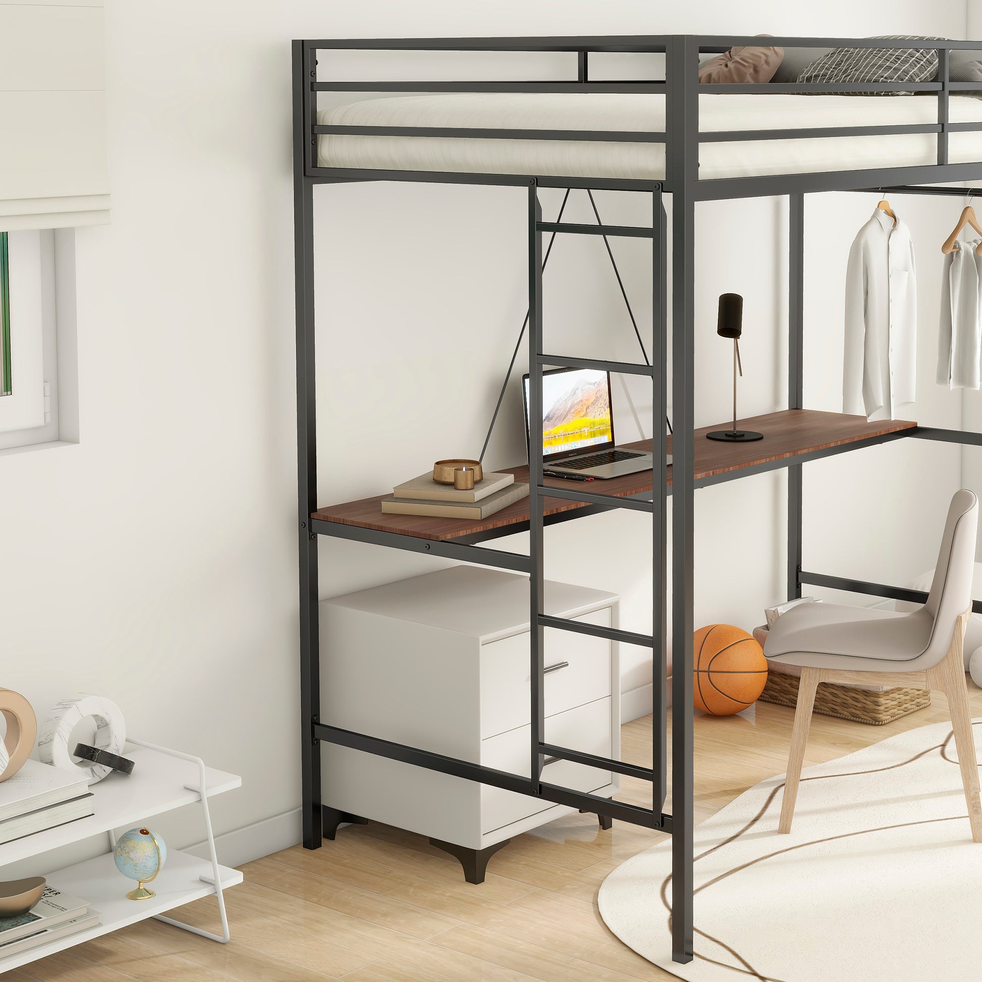 Adam Twin Loft Bunk Black With Cinnamon Wood Desk And Closet Rod Box Spring Not Required Twin Black Metal Bedroom Bunk Metal & Wood