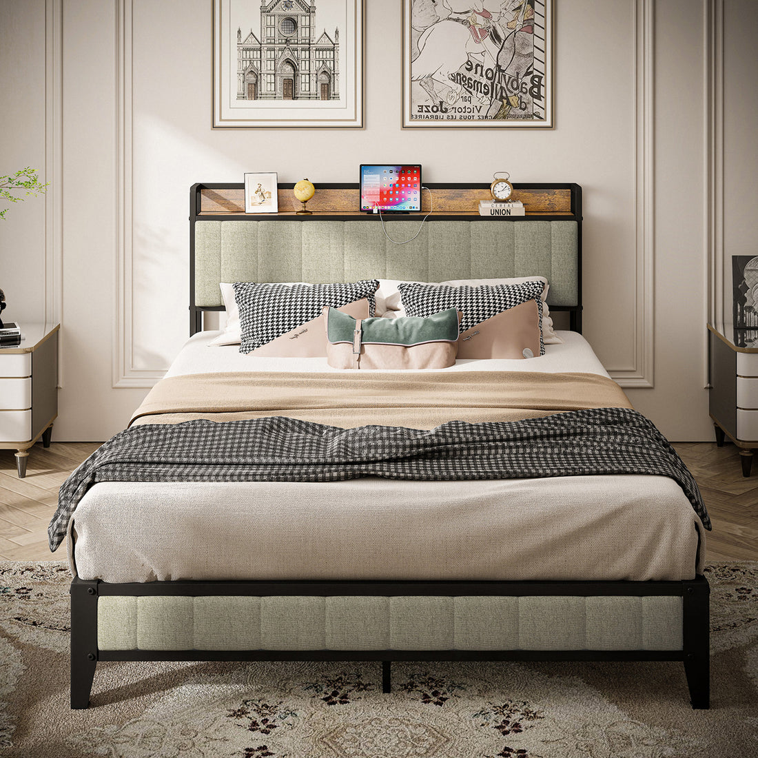 Queen Size Bed Frame With Charging Station, Upholstered Headboard, Metal Platform, Grey Box Spring Not Required Queen Light Gray Metal Bedroom American Design Bed Frame Linen Metal