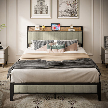 Queen Size Bed Frame With Charging Station, Upholstered Headboard, Metal Platform, Grey Box Spring Not Required Queen Light Gray Metal Bedroom American Design Bed Frame Linen Metal