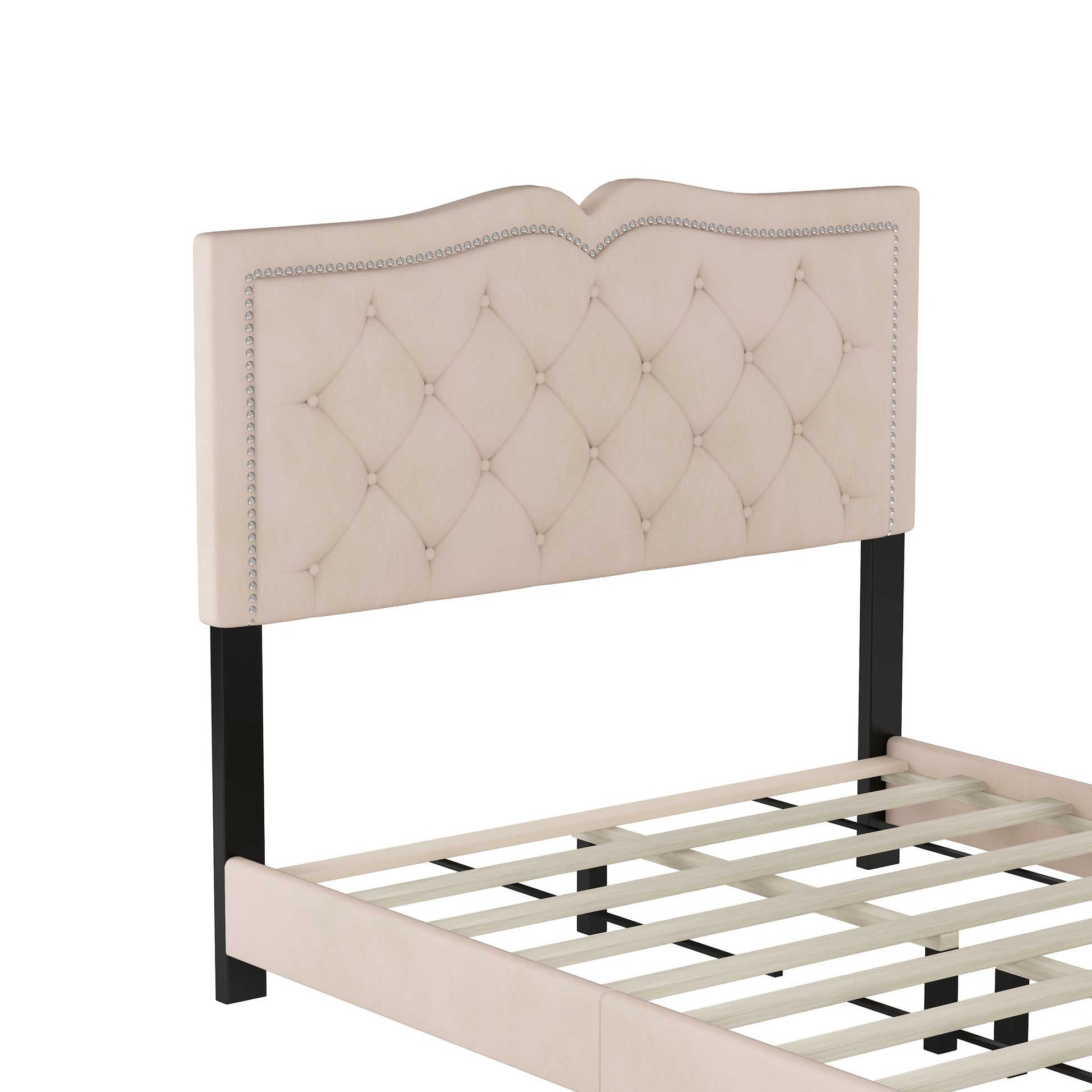 Full Size Upholstered Bed Frame With Rivet Design, Modern Velvet Platform Bed With Tufted Headboard,Beige Beige Velvet