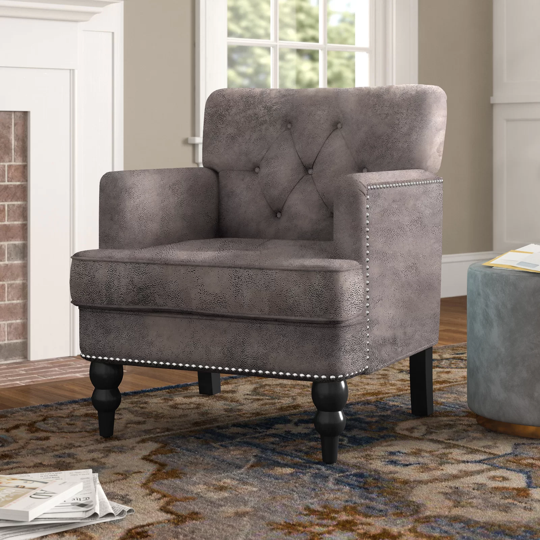 Harrison Tufted Club Chair Grey Brown Microfiber 1 Seat