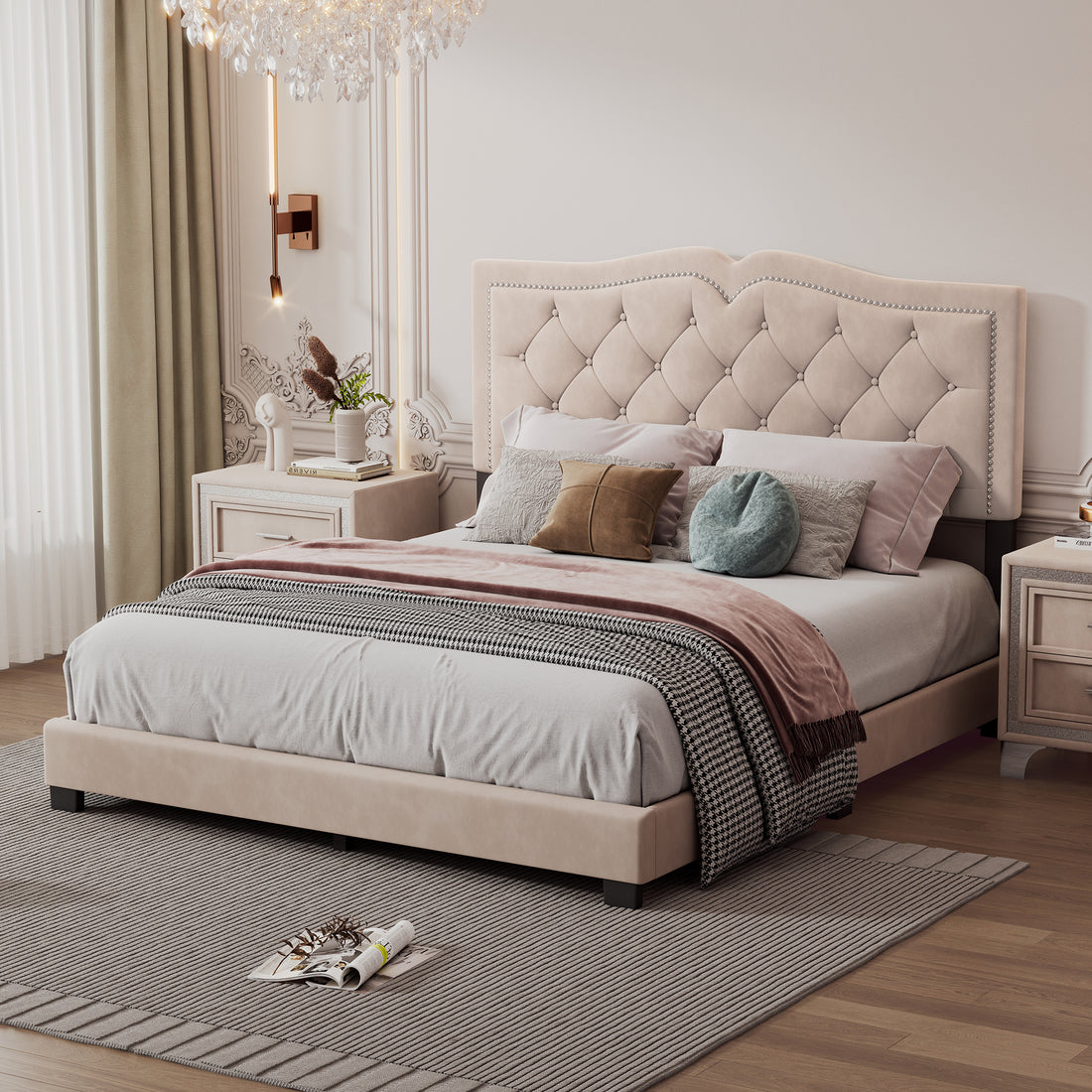 Queen Size Upholstered Bed Frame With Rivet Design, Modern Velvet Platform Bed With Tufted Headboard,Beige Beige Velvet