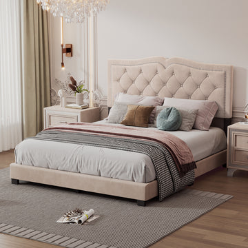 Queen Size Upholstered Bed Frame With Rivet Design, Modern Velvet Platform Bed With Tufted Headboard,Beige Beige Velvet