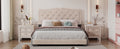 Queen Size Upholstered Bed Frame With Rivet Design, Modern Velvet Platform Bed With Tufted Headboard,Beige Beige Velvet