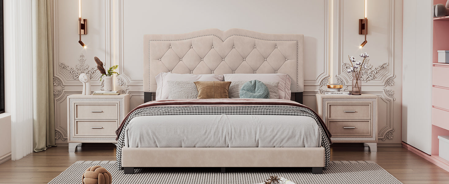 Queen Size Upholstered Bed Frame With Rivet Design, Modern Velvet Platform Bed With Tufted Headboard,Beige Beige Velvet