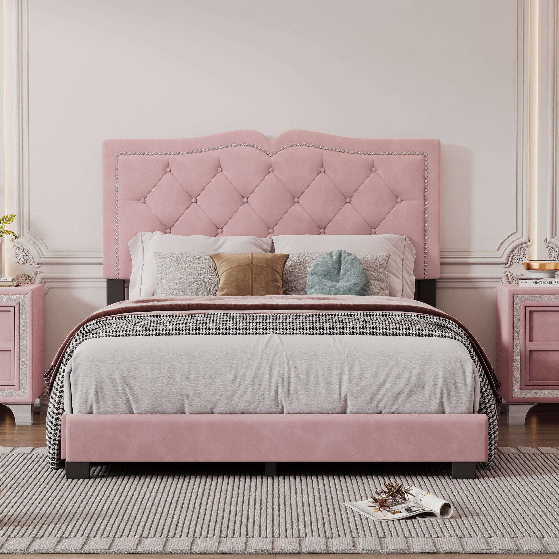 Full Size Upholstered Bed Frame With Rivet Design, Modern Velvet Platform Bed With Tufted Headboard,Pink Pink Velvet