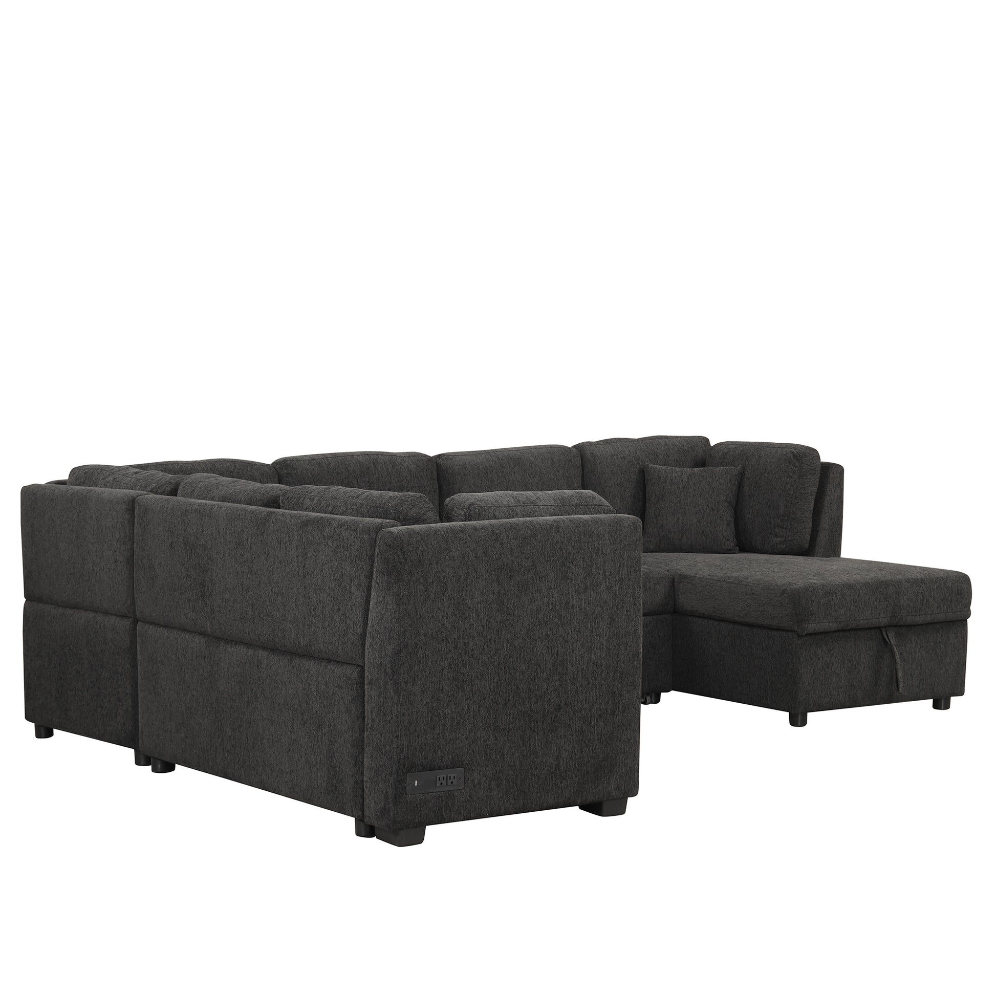 108.6" U Shaped Sectional Sofa Pull Out Sofa Bed With Two Usb Ports, Two Power Sockets, Three Back Pillows And A Storage Chaise For Living Room, Black Black Foam Chenille 5 Seat