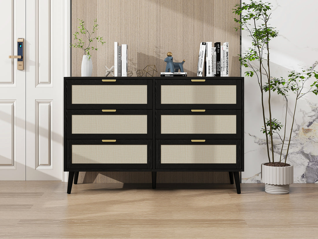 Modern 6 Drawer Dresser Wood Cabinet Black Black Particle Board