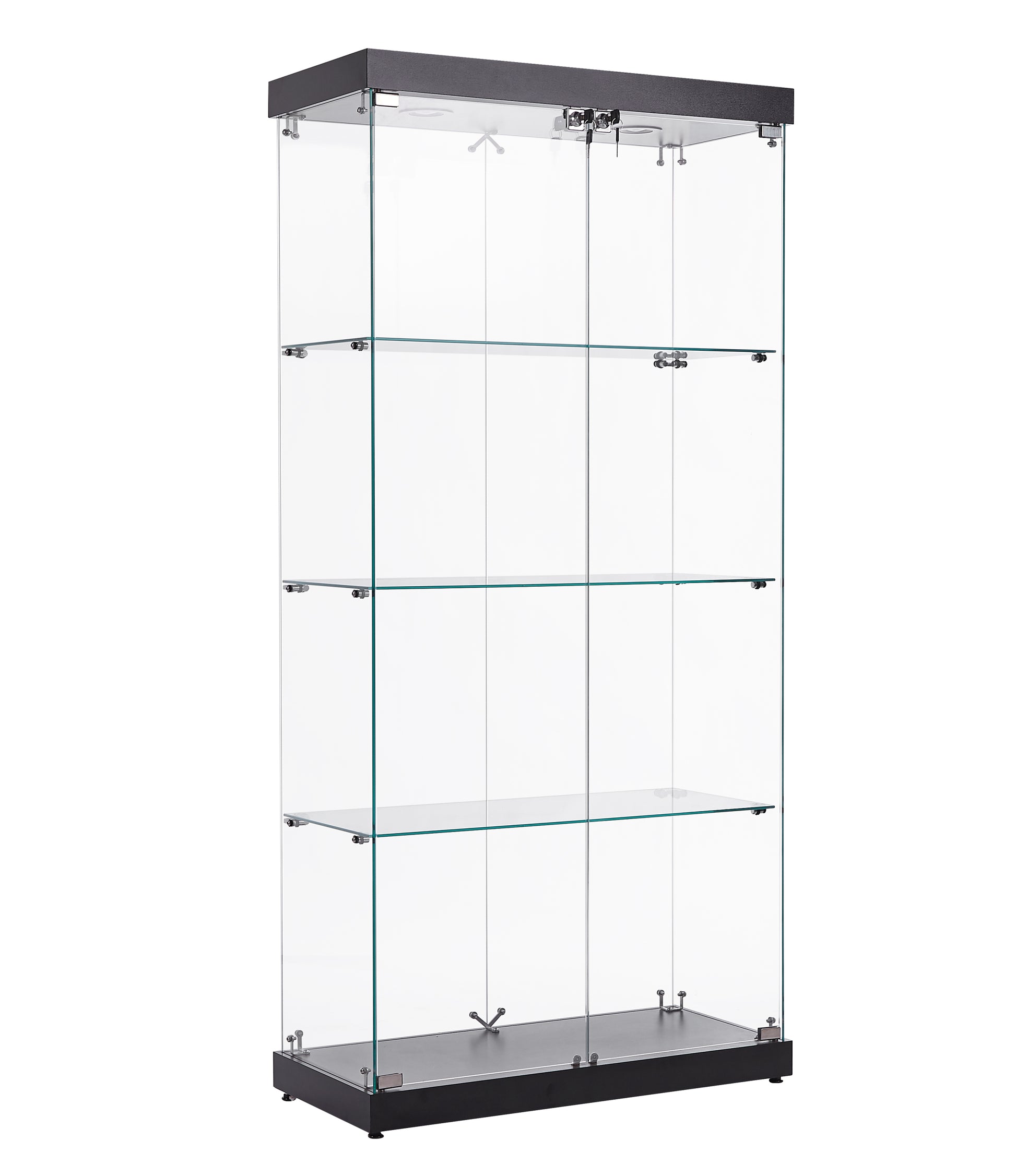 4 Tier Glass Display Cabinet, Double Door Glass Cabinet, Four Partitions, Two Locks, Floor Standing Storage Cabinet For Living Room, Bedroom, Showroom And Office, Black, 31.5"L X 14.2"W X 66.3"H Black Glass