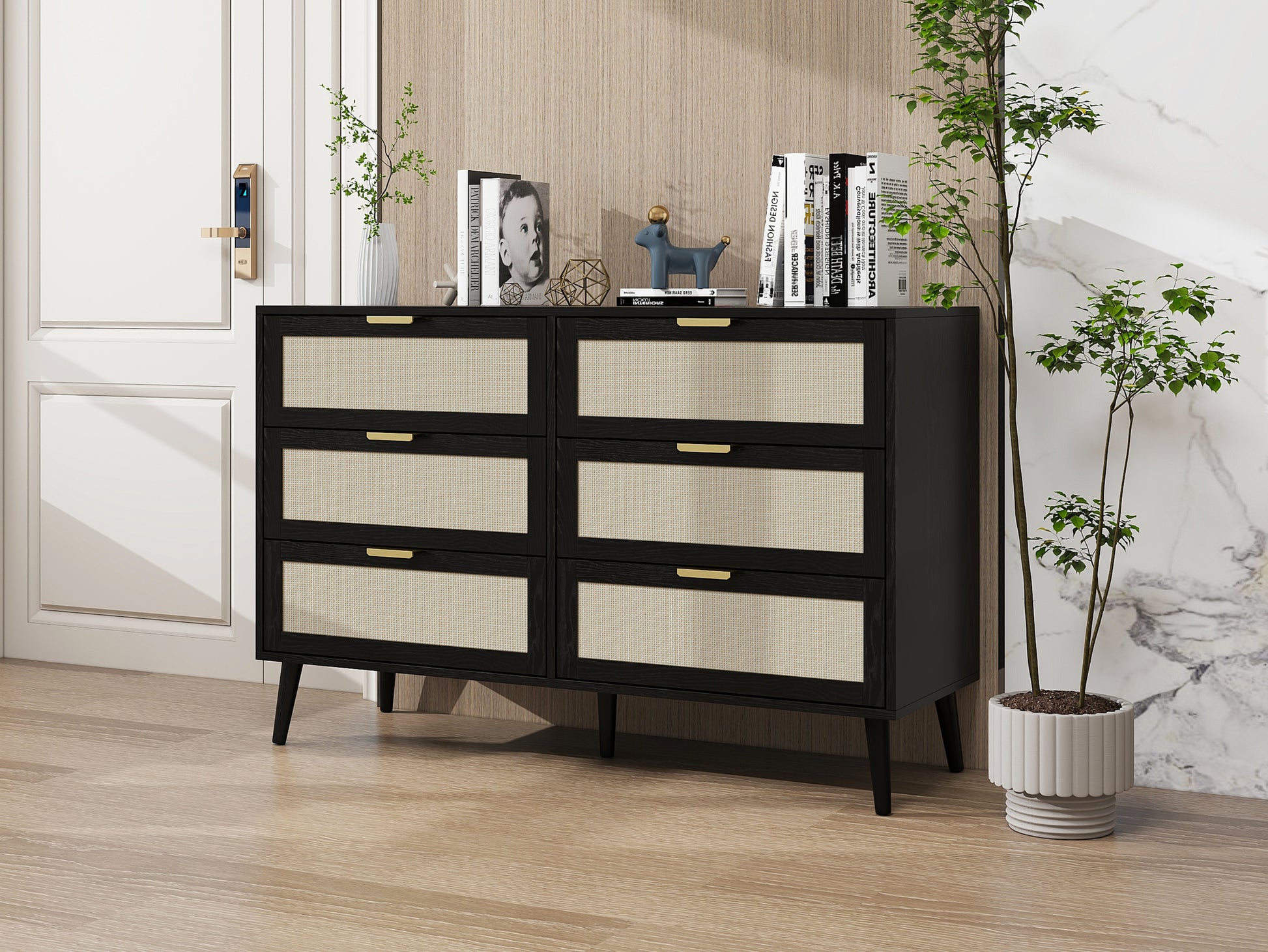 Modern 6 Drawer Dresser Wood Cabinet Black Black Particle Board