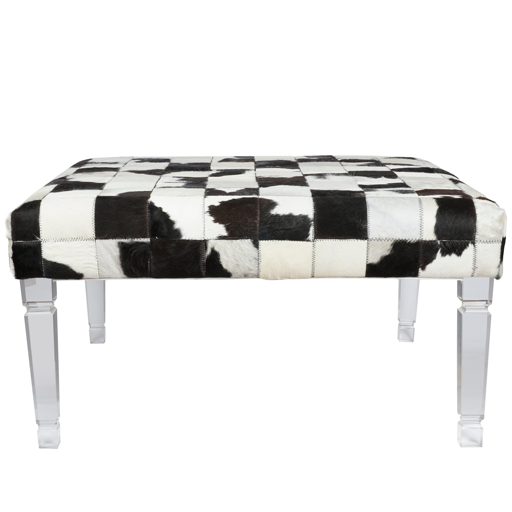 Cow Hide Upholstered Bench With Acrylic Legs, White And Black Black White Wood Fabric