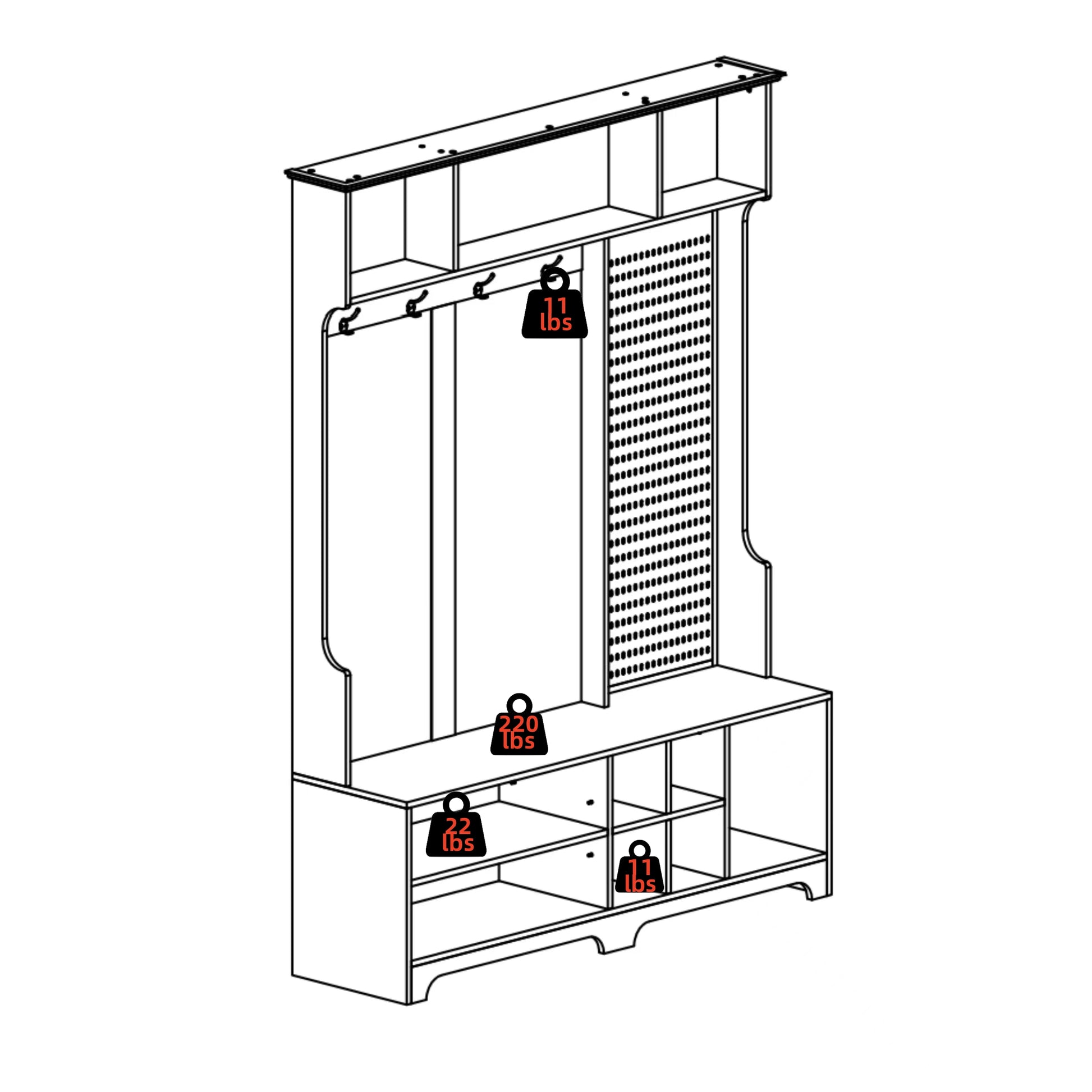 Hall Tree With Shoe Bench, Coat Rack ,Shoe Storage ,Storage Shelves And Pegboard, For Hallways, Halls And Bedrooms, White White Mdf Metal