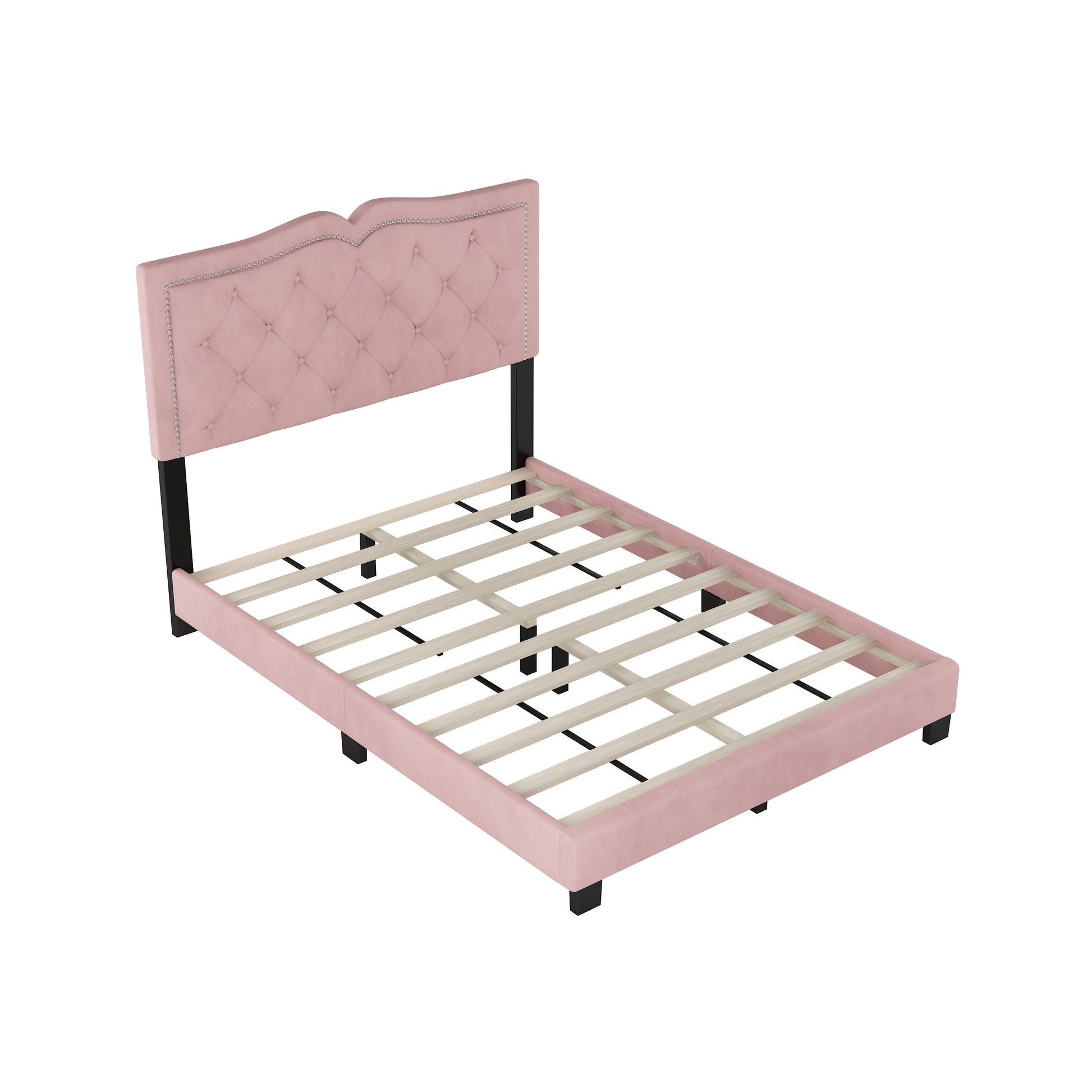 Full Size Upholstered Bed Frame With Rivet Design, Modern Velvet Platform Bed With Tufted Headboard,Pink Pink Velvet