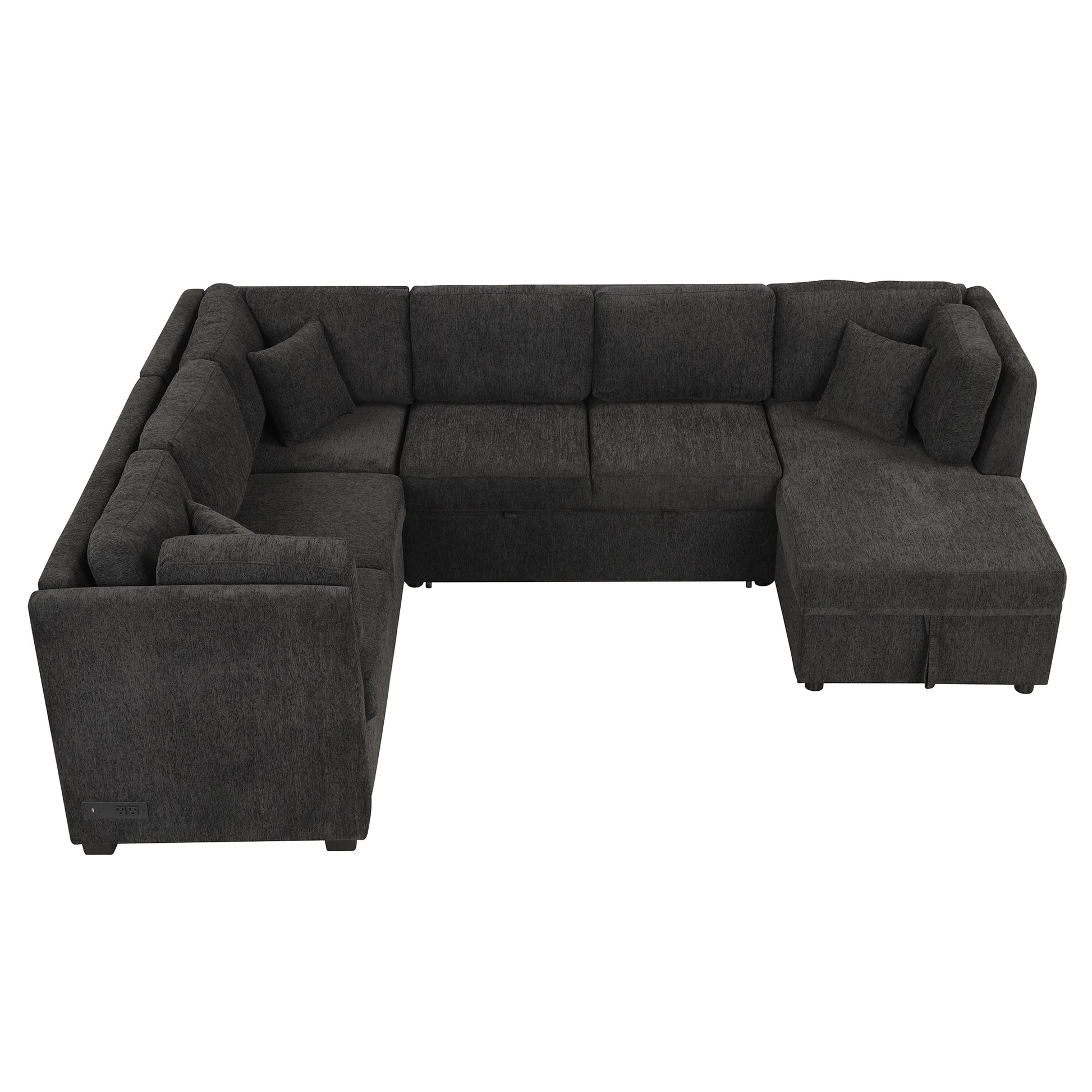 108.6" U Shaped Sectional Sofa Pull Out Sofa Bed With Two Usb Ports, Two Power Sockets, Three Back Pillows And A Storage Chaise For Living Room, Black Black Foam Chenille 5 Seat