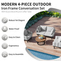 Luxury Modern 4 Piece Outdoor Iron Frame Conversation Set, Patio Chat Set With Acacia Wood Round Coffee Table For Backyard, Deck, Poolside, Indoor Use, Loveseat Arm Chairs, Gray Yes Sectional Gray Weather Resistant Frame Water Resistant Cushion Garden &