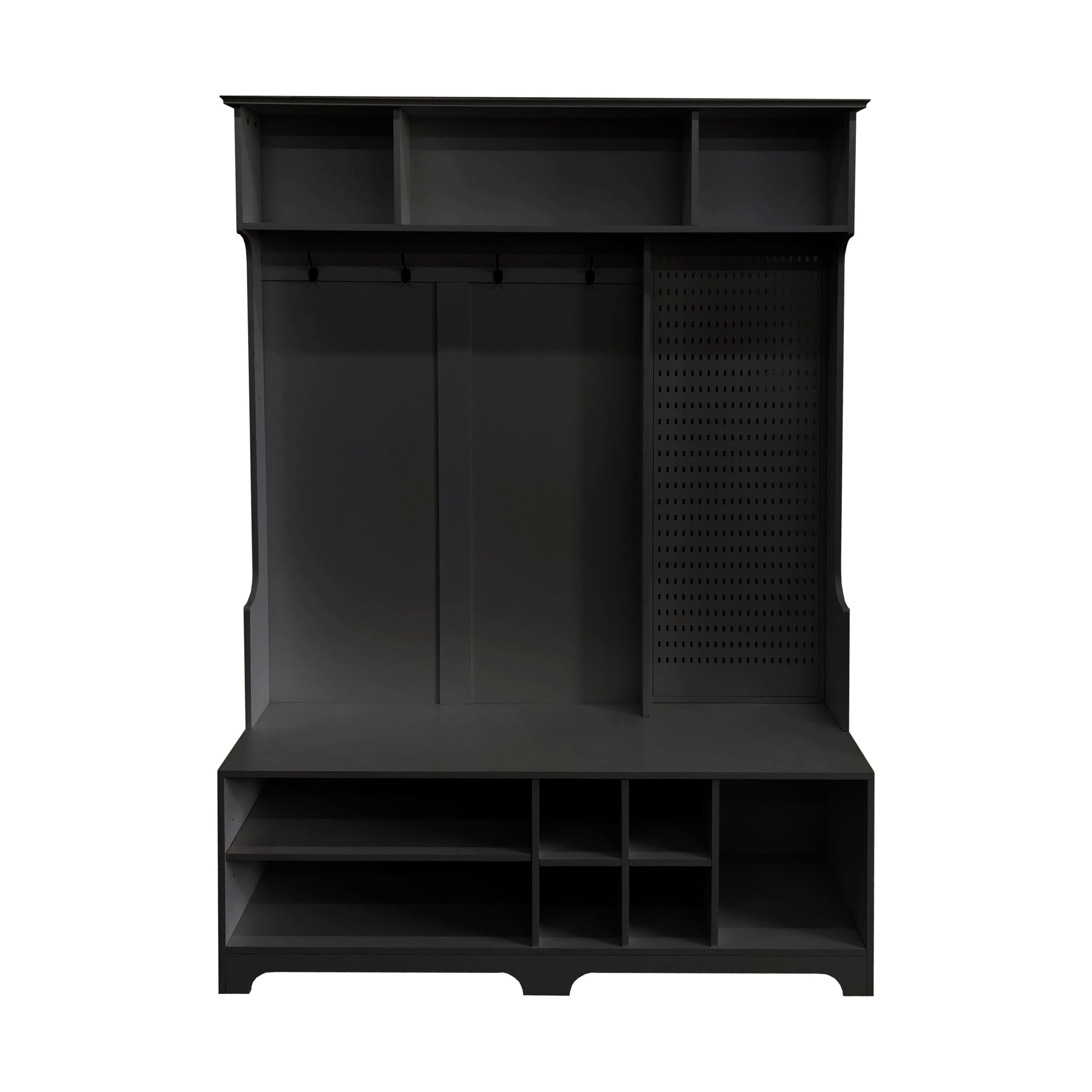 Hall Tree With Shoe Bench, Coat Rack ,Shoe Storage ,Storage Shelves And Pegboard, For Hallways, Halls And Bedrooms, Black Black Mdf Metal