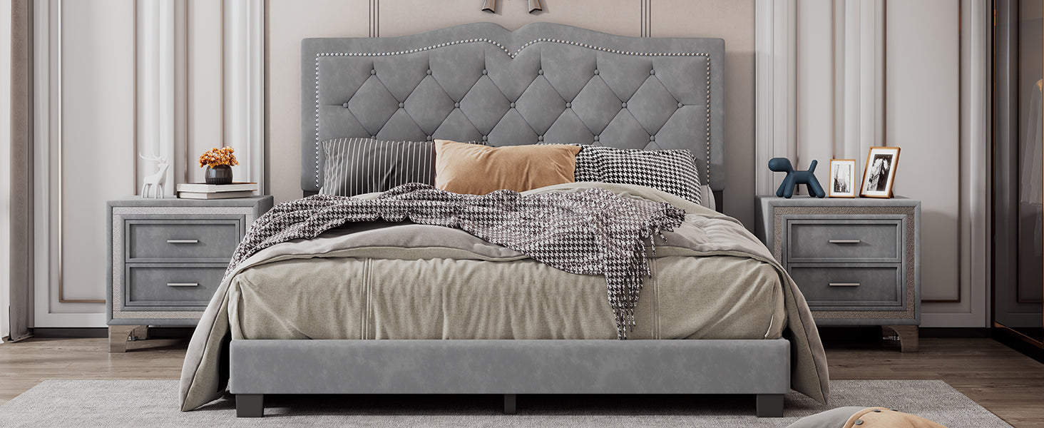 Queen Size Upholstered Bed Frame With Rivet Design, Modern Velvet Platform Bed With Tufted Headboard,Gray Gray Velvet