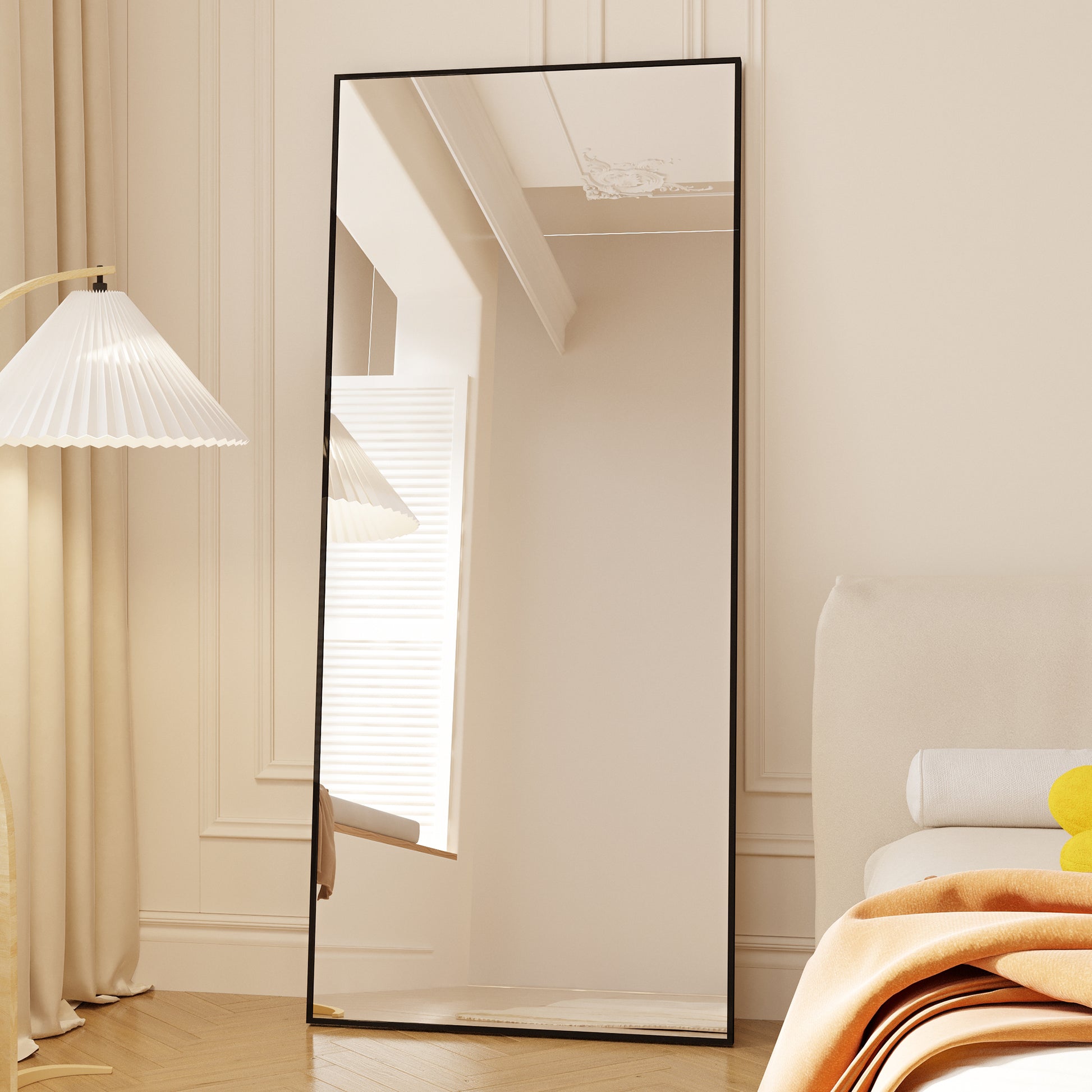 Tempered Mirror 71" X 32" Tall Full Length Mirror With Stand, Black Wall Mounting Full Body Mirror, Metal Frame Full Length Mirror For Living Room, Bedroom Black Glass