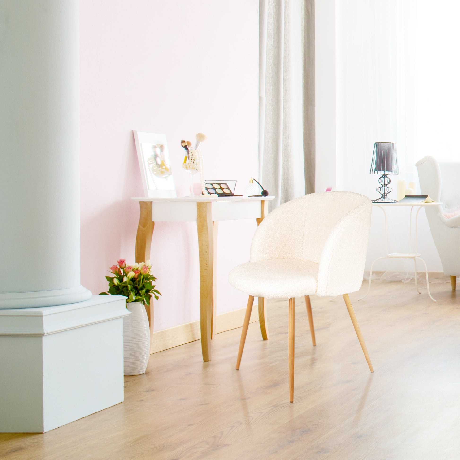 Adjust Legs Upholstered Teddy Faux Fur Dining Armrest Chair Set Of 2 Off White Metal Off White Dining Room Powder Coated Foam Dry Clean Round Mid Century Modern Solid Back Foam Polyester