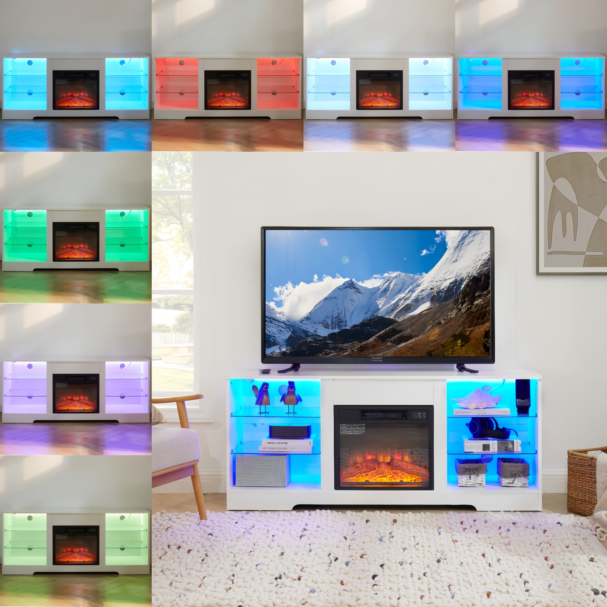 Tv Stand Electric Fireplace Tv Stand With Glass Shelves, 3D Fireplace Tv Stand With Led Lights Wood With Usb Charging Outlet Modern Television Table Center For Tv Up To 32 62" White 58''W*15.5''D*24.4 White 50 59 Inches Mdf