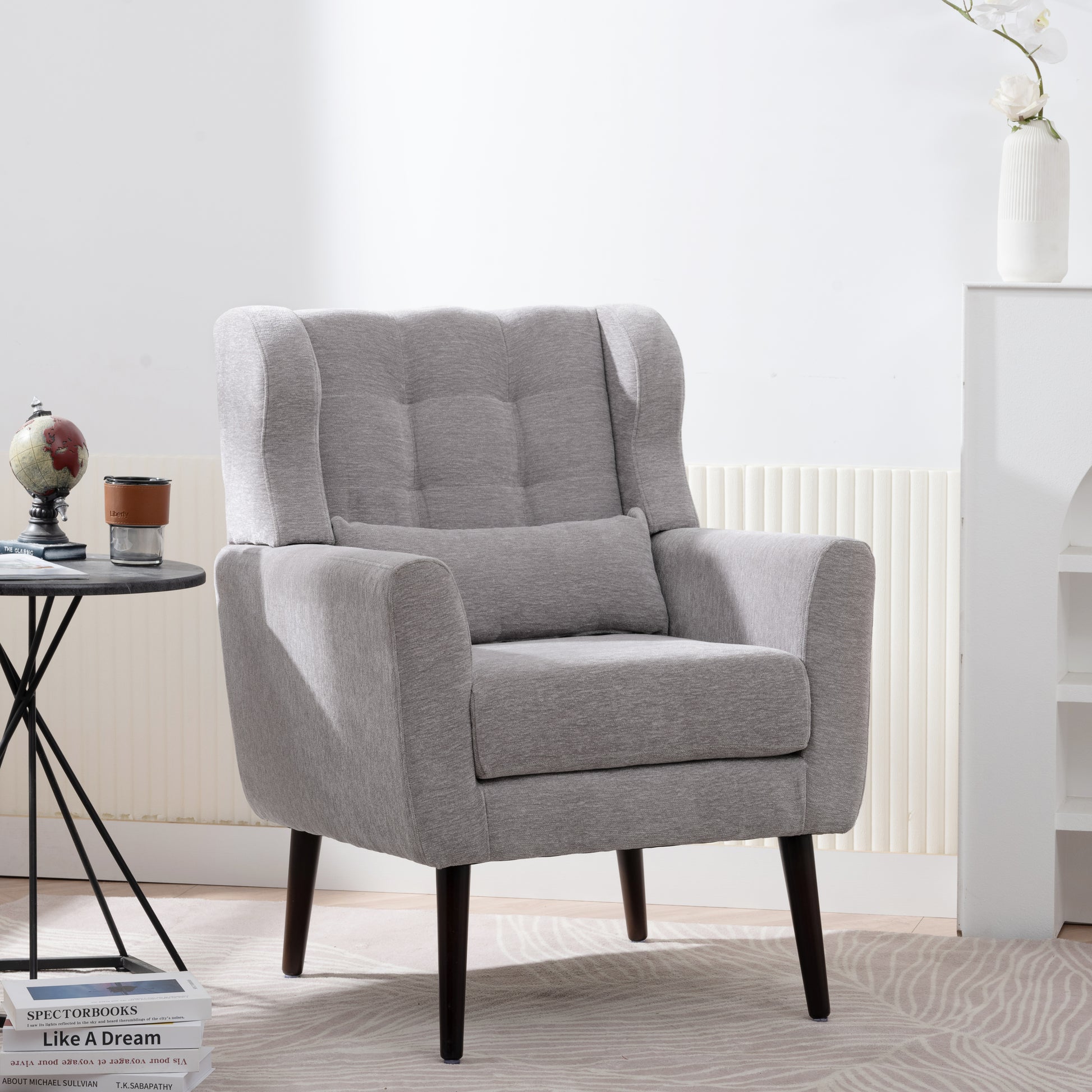 Modern Accent Chair,Chenille Arm Chairs For Living Room,Upholstered Mordern Armchair,Comfy Soft Padded Lounge Chair In Small Space, Bedroom, W Pillow, Solid Wood Leg Gray Grey Light Brown Primary Living Space Modern Rubberwood Foam Chenille