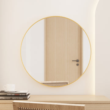 Tempered Mirror 32" Wall Circle Mirror For Bathroom, Gold Round Mirror For Wall, 20 Inch Hanging Round Mirror For Living Room, Vanity, Bedroom Gold Glass