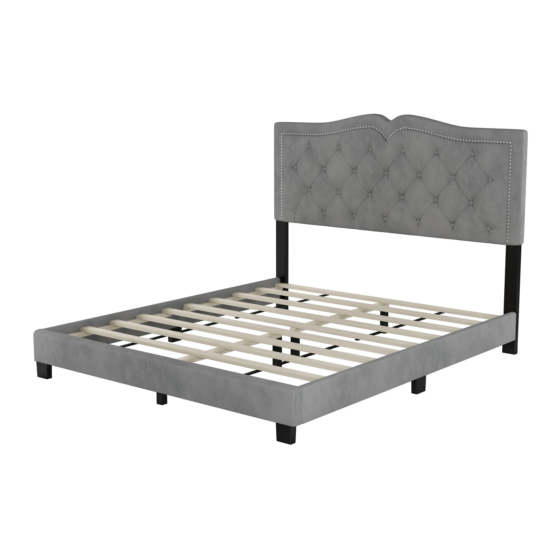 Queen Size Upholstered Bed Frame With Rivet Design, Modern Velvet Platform Bed With Tufted Headboard,Gray Gray Velvet