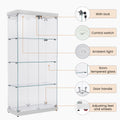 4 Tier Glass Display Cabinet, Double Door Glass Cabinet, Four Partitions, Two Locks, Floor Standing Storage Cabinet For Living Room, Bedroom, Showroom And Office, White, 31.5