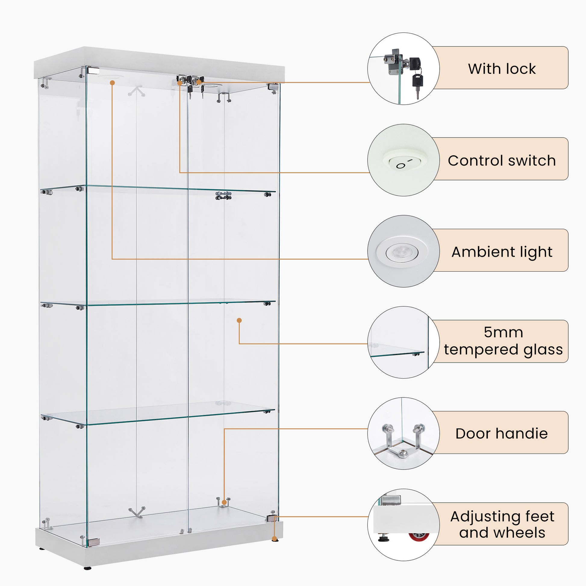 4 Tier Glass Display Cabinet, Double Door Glass Cabinet, Four Partitions, Two Locks, Floor Standing Storage Cabinet For Living Room, Bedroom, Showroom And Office, White, 31.5"L X 14.2"W X 66.3"H White Glass