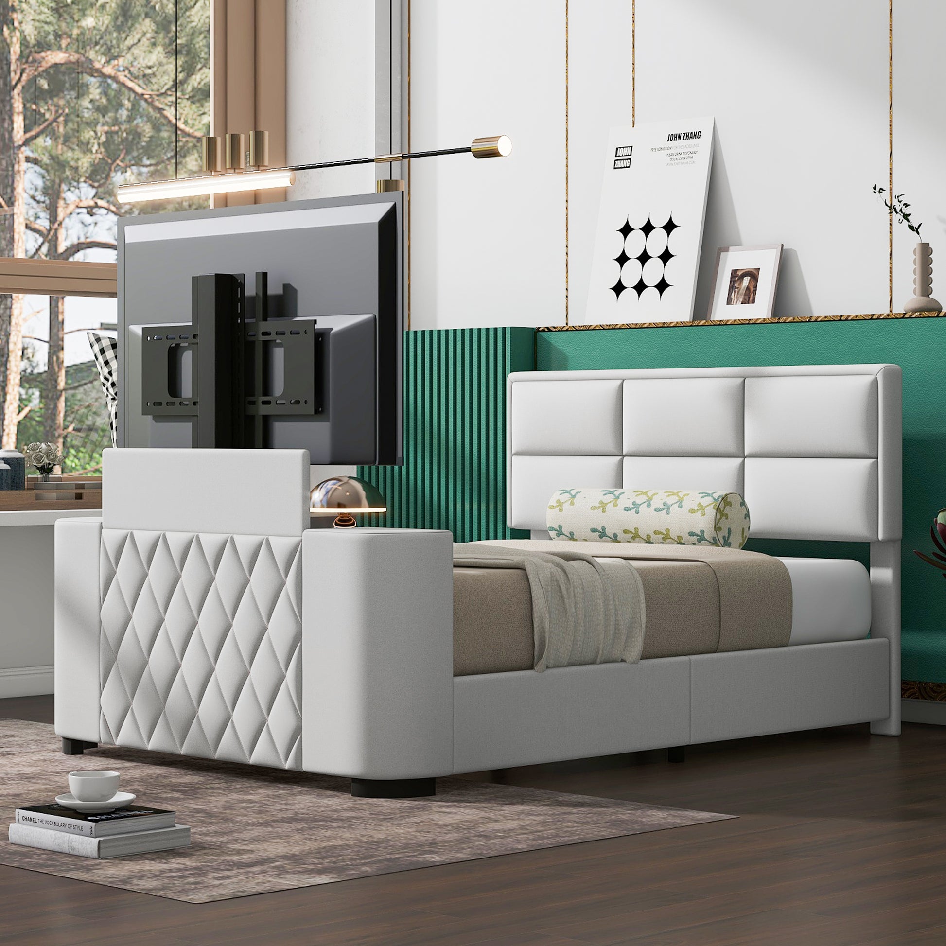Queen Size Upholstery Tv Platform Bed Frame With Height Adjustable Headboard And Support Legs,Beige Queen Beige Upholstered