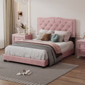 Full Size Upholstered Bed Frame With Rivet Design, Modern Velvet Platform Bed With Tufted Headboard,Pink Pink Velvet