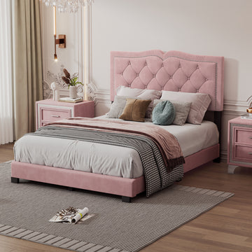 Full Size Upholstered Bed Frame With Rivet Design, Modern Velvet Platform Bed With Tufted Headboard,Pink Pink Velvet