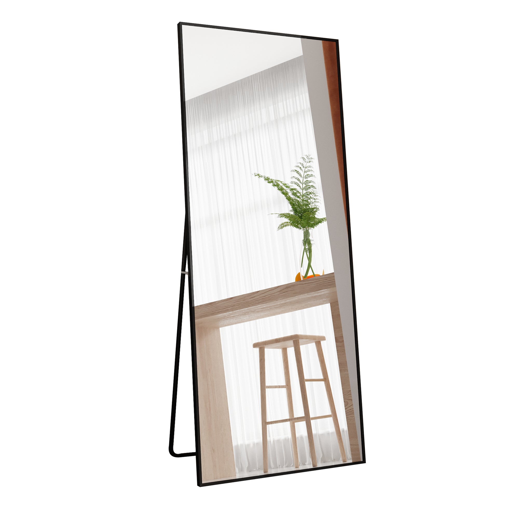 Tempered Mirror 71" X 32" Tall Full Length Mirror With Stand, Black Wall Mounting Full Body Mirror, Metal Frame Full Length Mirror For Living Room, Bedroom Black Glass