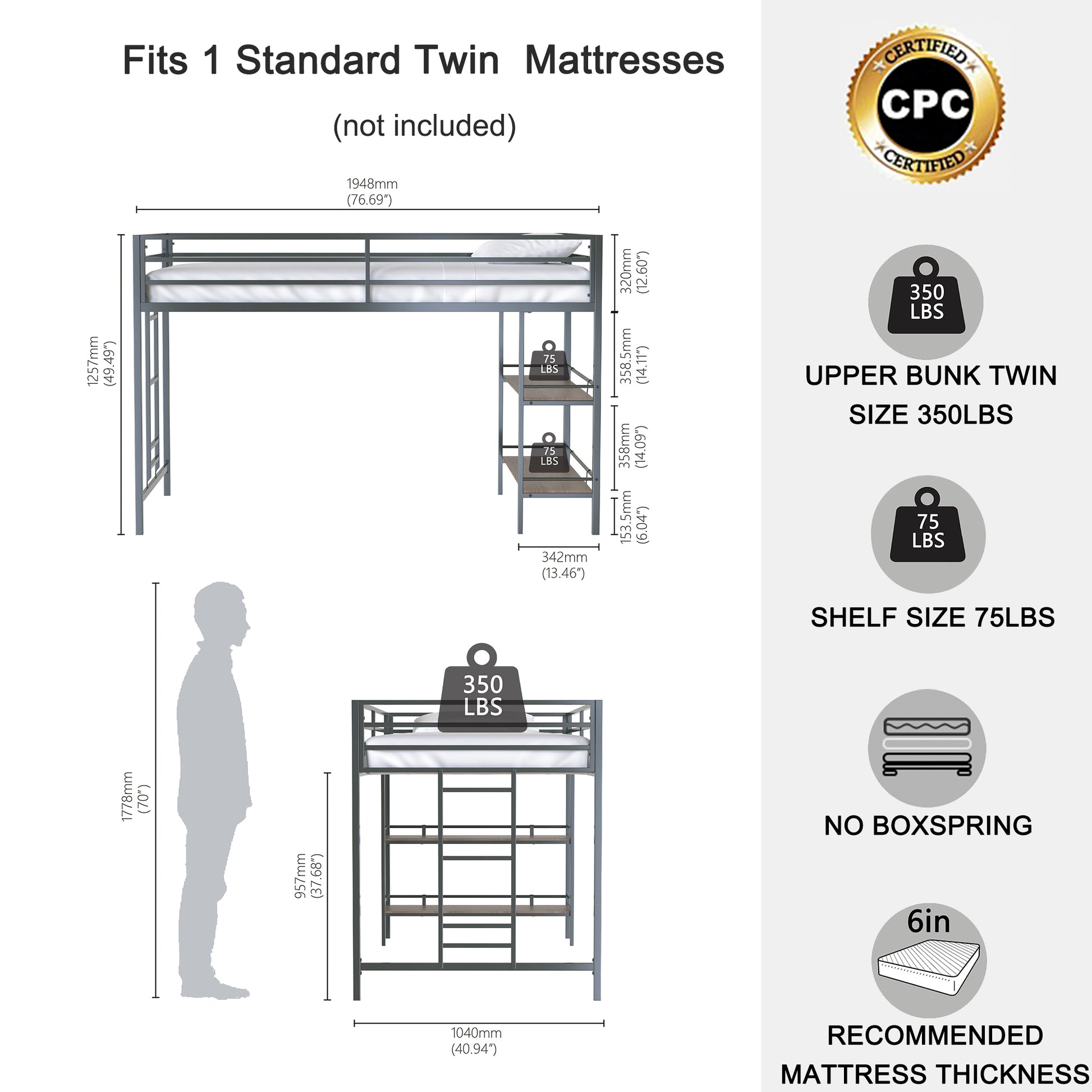 Adam Junior Twin Loft Bunk Black With Cinnamon Wood Shelf Box Spring Not Required Twin Black Metal Bedroom Bunk Metal & Wood