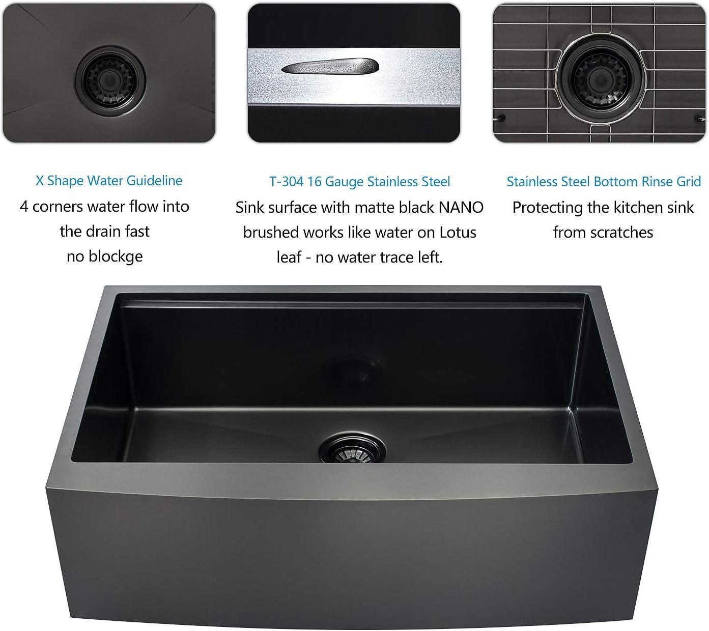 36 Inch Apron Front Workstation Farmhouse Sink 16 Guage Gunmetal Matte Black Stainless Steel Kitchen Sink Single Bowl Farm Sink Gunmetal Black Stainless Steel