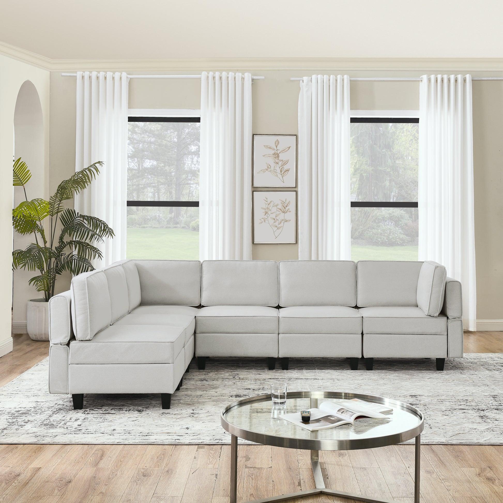 110.2"*78.7" Linen Modular Sectional Sofa,U Shaped Couch With Adjustable Armrests And Backrests,6 Seat Reversible Sofa Bed With Storage Seats For Living Room, Apartment,Grey White Color Gray White Matte Linen Wood Primary Living Space Medium Soft Cushion