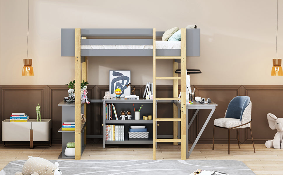 Twin Size Wood Loft Bed With Built In Storage Cabinet And Cubes, Foldable Desk, Gray Gray Solid Wood Mdf